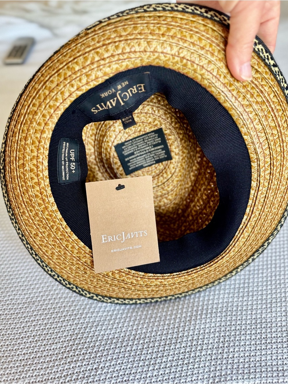 ERIC JAVITS Authentic Squishee Straw Hat UPF 50 Fedora Black Trim Patterned Band - Picture 8 of 14